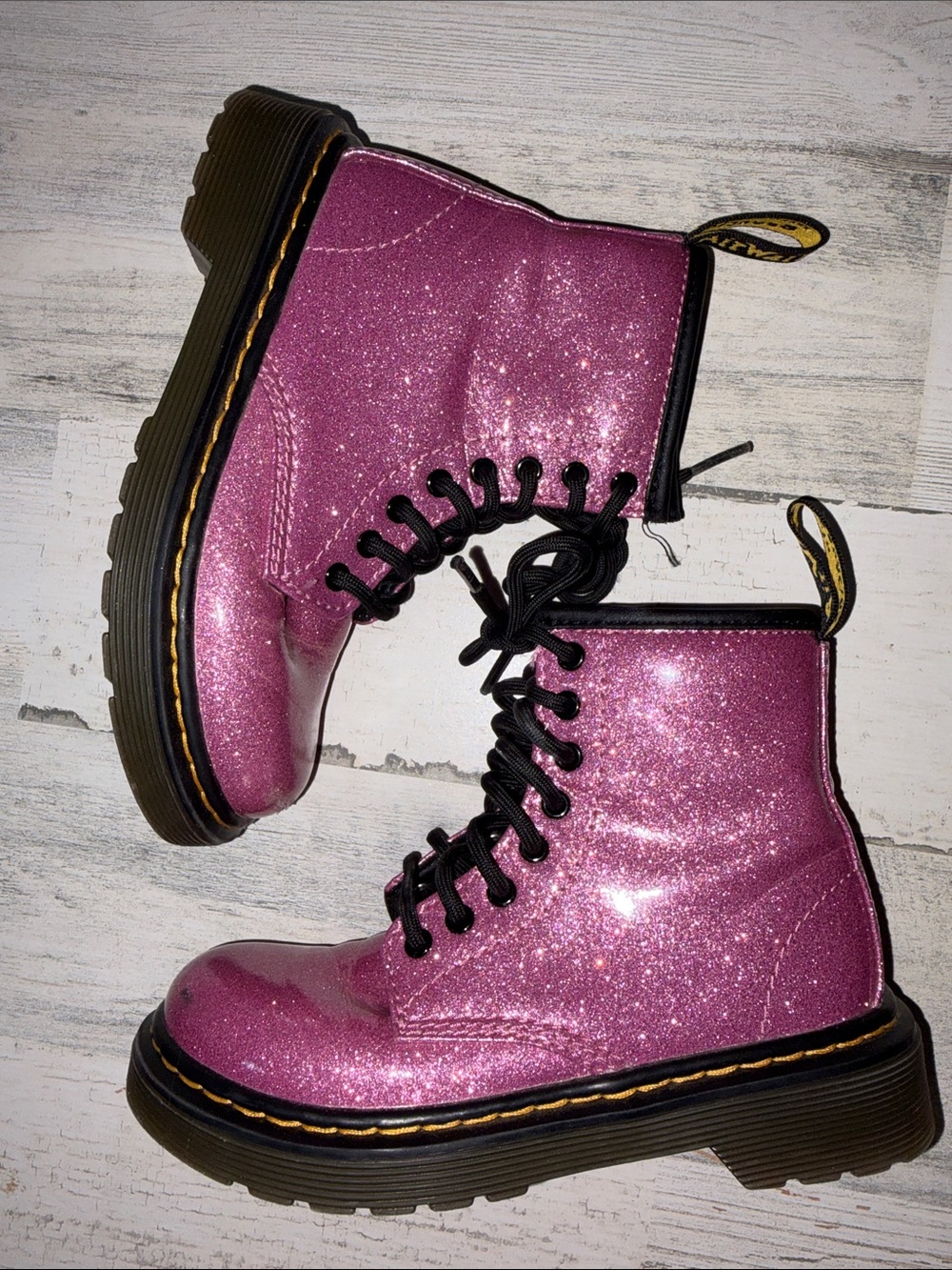 Dr. Martens Pink Glitter 8-Eye Lace-Up Boots with Black Soles - Picture 6 of 9